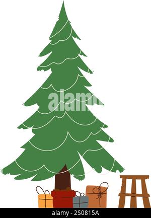 Illustration eines dekorierten Weihnachtsbaums mit Ornamenten, Geschenken und Topfpflanzen, die einen minimalistischen Weihnachtsstil zeigen. Minimalistischer Weihnachtsbaum Stock Vektor