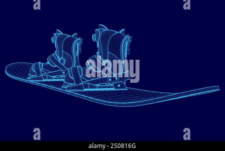 Das Bild ist eine gepixelte Zeichnung eines Snowboards mit zwei Skiern darauf. Das Snowboard ist blau und weiß, und die Ski sind auch blau. Das Bild hat eine Pixe Stock Vektor