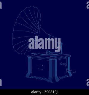 Der Stift wird auf eine Platte gestellt, und ein Plattenspieler sitzt auf einem Tisch. Der Plattenspieler ist blau und der Stift blau Stock Vektor