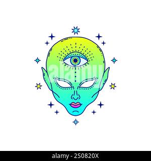 Fremdes Gesicht mit drittem Auge in Neongrün und Blau, umgeben von Sternen. Stock Vektor