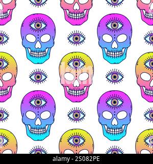 Nahtloses Muster mit Totenschädeln in Neonfarben Stock Vektor