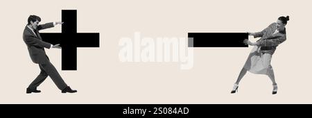 Ein Mann und eine Frau ziehen die gegenüberliegenden Seiten der großen Plus- und Minuszeichen, die für Gleichgewicht, Entscheidungsfindung oder Konflikte im Geschäft stehen. Stockfoto