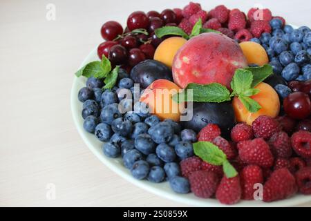 Frische Sommerfrüchte und Beeren auf Teller mit Minzblättern Stockfoto