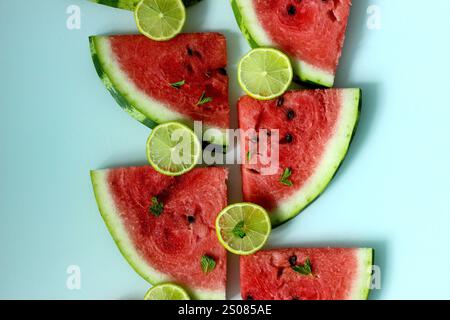Frische Wassermelonenscheiben mit Limette und Minze sorgen für eine lebendige Sommerszene Stockfoto