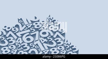 Ein hellblaues Hintergrunddesign mit schwebendem Mosaik verschiedener Zahlen mit 3D-Effekt und Copyspace. Die Zahlen erzeugen eine dynamische und visuelle CA Stock Vektor