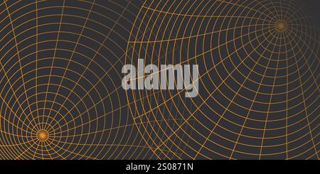 Dynamisches Spiralnetzwerk - Konvergenz von Linien, ein komplexes, spiralförmiges, kreisförmiges und konzentrisches Netzwerk von sich schneidenden braunen Linien auf einem dunklen Hintergrund Stock Vektor