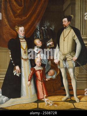 Kaiser Maximilian II. Von Österreich und seine Frau Infantin Maria von Spanien mit ihren Kindern, um 1563, Schloss Ambras Giuseppe Arcimboldo zugeschrieben Stockfoto