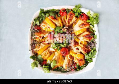 Köstliche gebratene Hähnchenkeulen mit Gemüse, Kräutern und Gewürzen Stockfoto