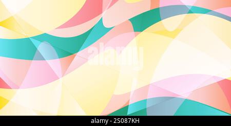 Ein lebendiges abstraktes Design mit fließenden Schichten aus durchscheinenden geometrischen Formen in Gelb, Rot, Grün und Pink. Die glatten Kurven schaffen einen modernen Dynam Stock Vektor