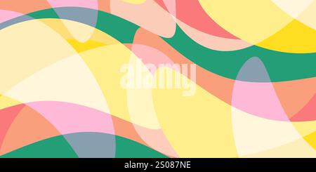 Ein lebendiges abstraktes Design mit fließenden Schichten aus durchscheinenden geometrischen Formen in Gelb, Rot, Grün und Pink. Die glatten Kurven schaffen einen modernen Dynam Stock Vektor
