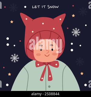 Kind in einem lustigen Winterhut. Karte lass es schneien. Lustige Vektor-Illustration. Stock Vektor