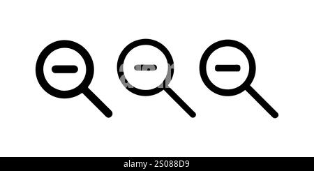 Lupensymbol, Lupensatz, Zoomsymbol, Zoomobjektivzeichen, drei Lupensymbole mit Minuszeichen im Inneren, die den Ausschluss darstellen. Stock Vektor