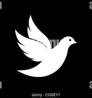 Taubensymbol. Vogelschild. Tiersymbol. Symbolische weiße Taube im Flug vor schwarzem Hintergrund. Flaches Design einfache Stilvektorillustration. Stock Vektor