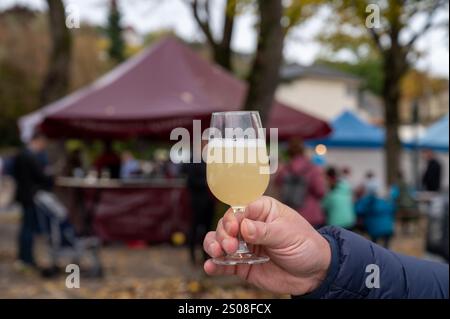 Herbstweinfestival in Schengen an der Mosel, Luxemburg, Verkostung von fiederwaissen Jungwein fermentiertem frisch gepresstem auxerrois-Traubensaft oder Mu Stockfoto