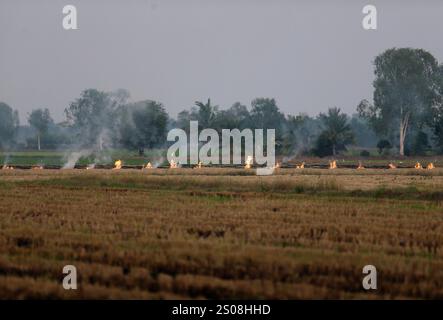 Nakhon Sawan, Thailand. Dezember 2024. Feuer und Rauch über einem Reisfeld in der Provinz Nakhon Sawan nördlich von Bangkok. Quelle: SOPA Images Limited/Alamy Live News Stockfoto