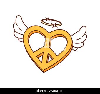 Cartoon groovige Valentinstag Hippie Friedenszeichen, Liebessymbol. Isoliertes Vektor-Retro-Herzabzeichen mit Engelsflügeln und Halo verströmt nostalgischen Vibe der 60er und 70er Jahre. Symbol für Liebe, Freiheit und romantische Atmosphäre Stock Vektor