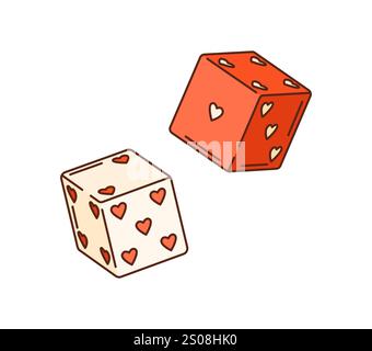 Cartoon groovige Valentinswürfel mit Herzpunkten. Isolierte Vektor-Vintage-Hippie-Craps im Retro-Stil. Würfel zum Generieren von zufälligen Zahlen in Brett-, Rollenspiel- und Glücksspielen, gekennzeichnet mit Pips auf jeder Seite Stock Vektor