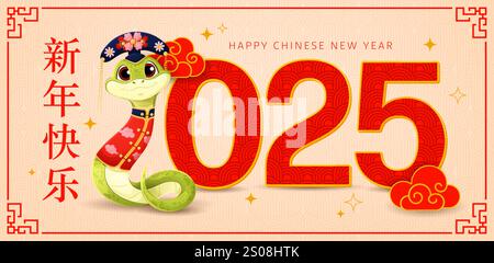 Chinesische Mondneujahrsfahne mit lustiger Karikatur-Schlange im asiatischen Hut, Vektor-Grußkarte. 2025 Happy Chinese New Year Hieroglyphen Text mit Schlange im traditionellen chinesischen Hanfu Kostüm im Knotenrahmen Stock Vektor