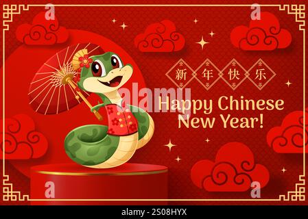 Chinesisches Mondneujahrspodium und Comic fröhliche Schlangenfigur, Vektor-Banner. Happy Chinese New Year Asiatische Grußkarte mit Hieroglyphen, Wolken und Schlange auf der Podiumsbühne im goldenen Rahmen Stock Vektor