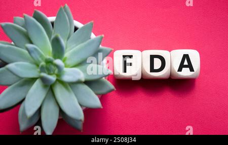 FDA – Symbol für die Arzneimittelverwaltung. Holzwürfel mit Wort FDA. Schöner roter Hintergrund mit saftiger Pflanze. Medizinische und Food Drug Administration Stockfoto