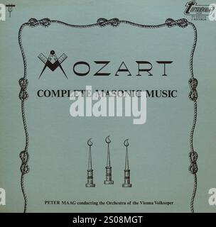 Plattencover aus Vintage-Vinyl. Mozart, Komplette Freimaurermusik, Peter Maag, Orchestera Wiener Volksoper Stockfoto