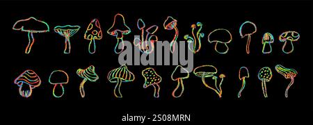 Set von Fantasy-Pilzen. Linienart lustige Blumenelemente. Sketch-Kollektion mit Pilzen im Stil der 1960er oder 1970er auf schwarzer Tafel. Vektor-Groovy-Symbole Stock Vektor