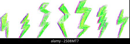 Set von Blitz durch Wachsstift Zeichnung. Sammlung von Handzeichnungen Kreide, Licht Blitzzeichen, Vektor Kritzeldonnerbolzen, säuregrün und rosa Farbe Stock Vektor