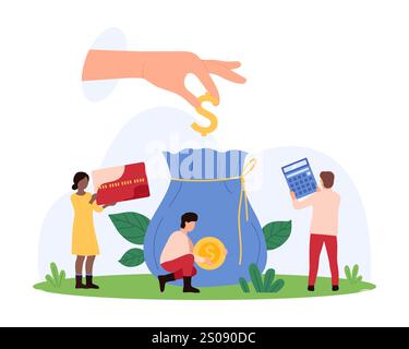 Haushaltsplanung und -Verwaltung, Berechnung des Einkommenswachstums. Riesige Hand, die Dollarzeichen in Geldbeutel, winzige Leute mit Kreditkarte, Rechner und Goldmünze Karikaturvektor Illustration Stock Vektor