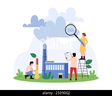 Team, das die CO2-Emissionen einer Fabrik analysiert. Eine verwendet eine Lupe auf Rauch, eine andere zeichnet Daten in einer Zwischenablage auf, und eine dritte misst die Illustration des Temperaturvektors Stock Vektor