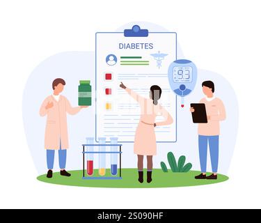 Medizinisches Team, das Diabetesbehandlungspläne verwaltet. Eine hält eine Medikamentenflasche, eine andere zeigt auf eine Zwischenablage mit einem Diabetes-Plan, und ein Blutzuckermessgerät wird als Vektorgrafik angezeigt. Stock Vektor