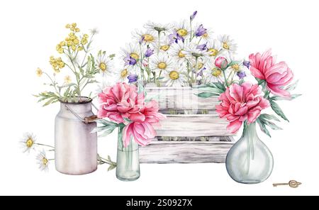 Aquarellstrauß aus weißen Blütenblumen Kamille und Blauglocke in Holzkiste und Bouquet tansy in Metalldose. Blumen Pfingstrosen in Glasvasen mit Stockfoto