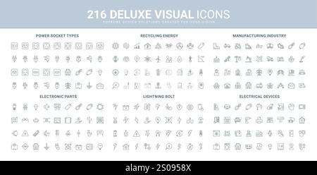 Industrie, Transport und Fertigung, Elektriker Geräte und Teile, Geräte-Linien-Symbolsatz. Internationale Buchsen- und Steckertypen, Blitz dünne schwarze Umrisssymbole Vektorillustration Stock Vektor