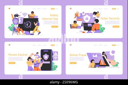 Sicherheits-Internet-Tag-Set. Schutz der Online-Privatsphäre und Bekämpfung von Cyberbedrohungen. Sichere digitale Umgebungen für Benutzer über alle Geräte hinweg. Vektorabbildung. Stock Vektor