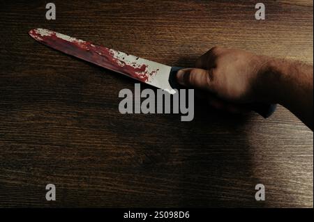 Die Hand in schwarzem Handschuh hält ein blutiges Messer mit einem Tropfen Blut, das auf dem Hintergrund des Holzbodens fließt. Hochwertige Fotos Stockfoto