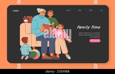 Ältere Frau liest Enkelkindern vor. Intergenerationelles Binden mit Storytelling. Gemütliche Familienzeit, Einsamkeit im Alter. Vektorabbildung. Stock Vektor