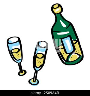 Sektglasflasche mit zwei Gläsern. Kritzelnde, flache farbige Illustration. Geburtstag, Jahrestag, Feier, Party. Stock Vektor