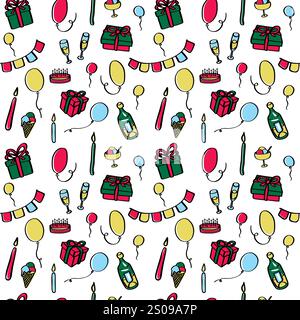 Nahtloses Geburtstagsmuster. Endlose Verzierung, kritzelnde bunte Elemente auf weißem Hintergrund. Stock Vektor