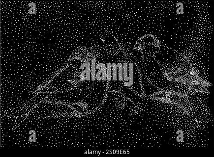 Bullfinch auf einem Zweig aus Punkten, der eine moderne und kreative Interpretation zeigt. Die Punktkunst-Technik ist ideal für naturbelassene Designs Stock Vektor