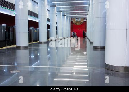 Weißrussland, Minsk - 26, 12, 2024: Ein sehr langer Flur mit mehreren elegant gestalteten Säulen und einem hängenden Schild, auf dem deutlich die U-Bahn steht Stockfoto