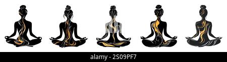 Weibliche Silhuette in Meditation. Friedliche Figur in Yoga-Lotuspose. Modernes und isoliertes Clipart auf transparentem Hintergrund. Stockfoto