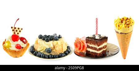Süßes Gebäck und andere Desserts isoliert auf weißem Hintergrund. Breites Foto. Collage. Freier Platz für Text. Stockfoto