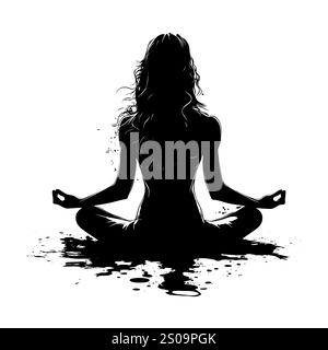 Weibliche Silhuette in Meditation. Friedliche Figur in Yoga-Lotuspose. Modernes und isoliertes Clipart auf transparentem Hintergrund. Stockfoto