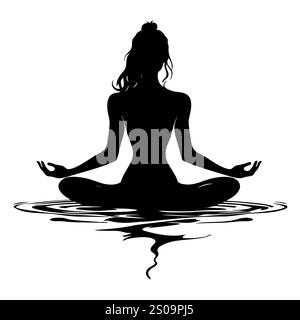 Weibliche Silhuette in Meditation. Friedliche Figur in Yoga-Lotuspose. Modernes und isoliertes Clipart auf transparentem Hintergrund. Stockfoto