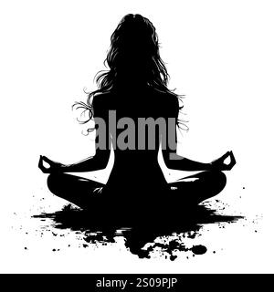 Weibliche Silhuette in Meditation. Friedliche Figur in Yoga-Lotuspose. Modernes und isoliertes Clipart auf transparentem Hintergrund. Stockfoto