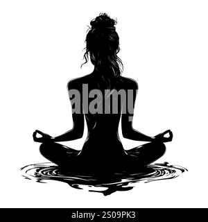 Weibliche Silhuette in Meditation. Friedliche Figur in Yoga-Lotuspose. Modernes und isoliertes Clipart auf transparentem Hintergrund. Stockfoto