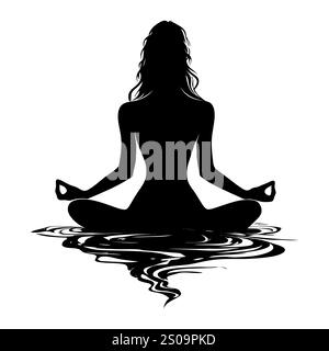 Weibliche Silhuette in Meditation. Friedliche Figur in Yoga-Lotuspose. Modernes und isoliertes Clipart auf transparentem Hintergrund. Stockfoto