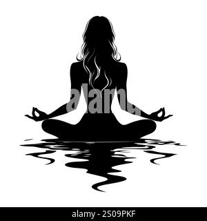 Weibliche Silhuette in Meditation. Friedliche Figur in Yoga-Lotuspose. Modernes und isoliertes Clipart auf transparentem Hintergrund. Stockfoto