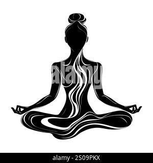 Weibliche Silhuette in Meditation. Friedliche Figur in Yoga-Lotuspose. Modernes und isoliertes Clipart auf transparentem Hintergrund. Stockfoto
