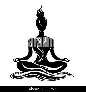 Weibliche Silhuette in Meditation. Friedliche Figur in Yoga-Lotuspose. Modernes und isoliertes Clipart auf transparentem Hintergrund. Stockfoto