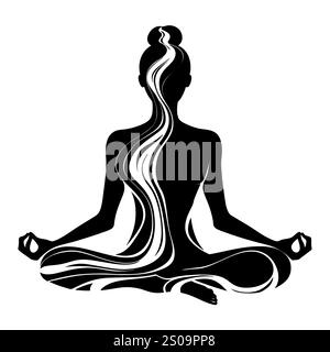 Weibliche Silhuette in Meditation. Friedliche Figur in Yoga-Lotuspose. Modernes und isoliertes Clipart auf transparentem Hintergrund. Stockfoto